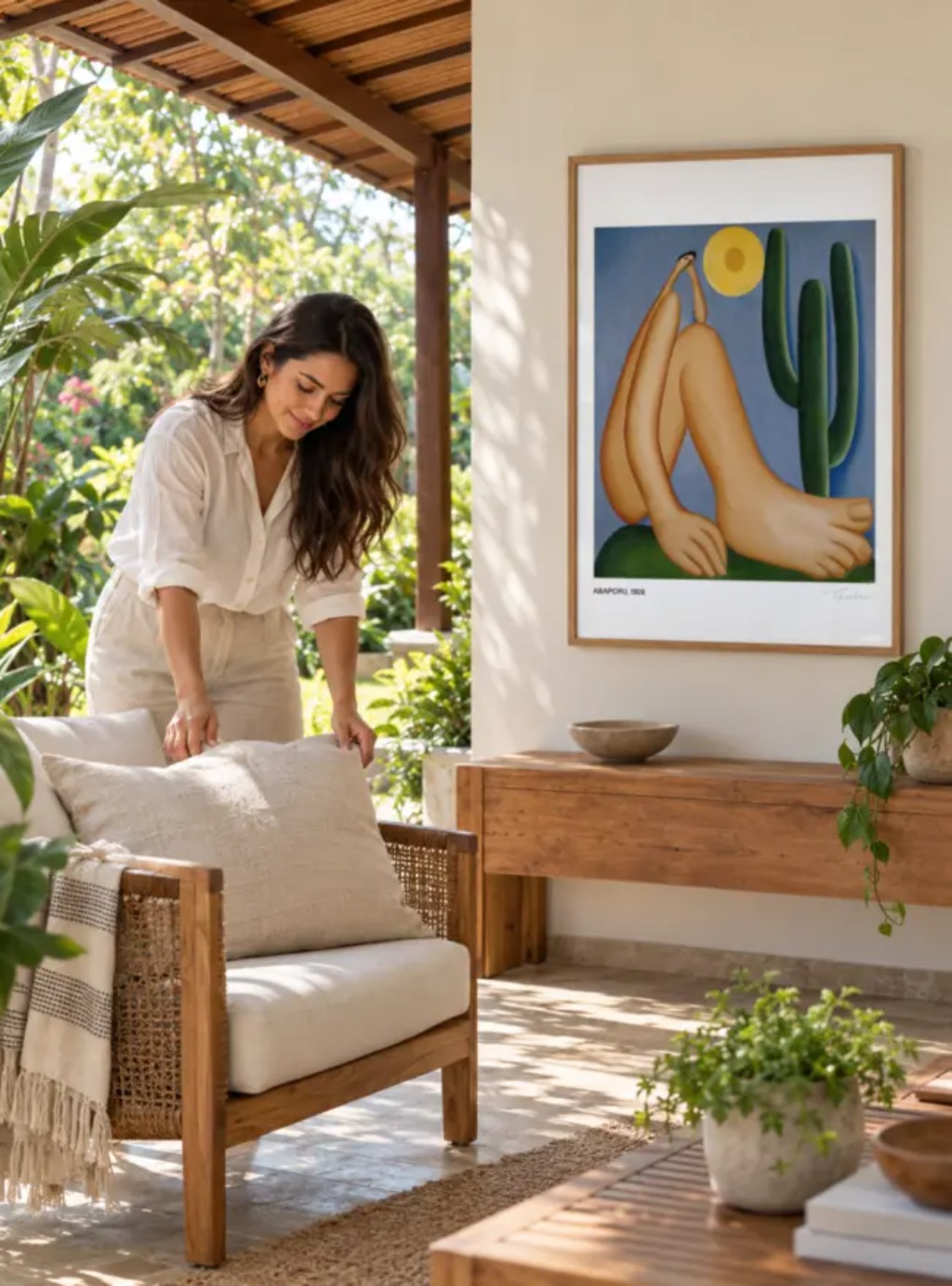 Quadro Abaporu de Tarsila do Amaral em varanda coberta