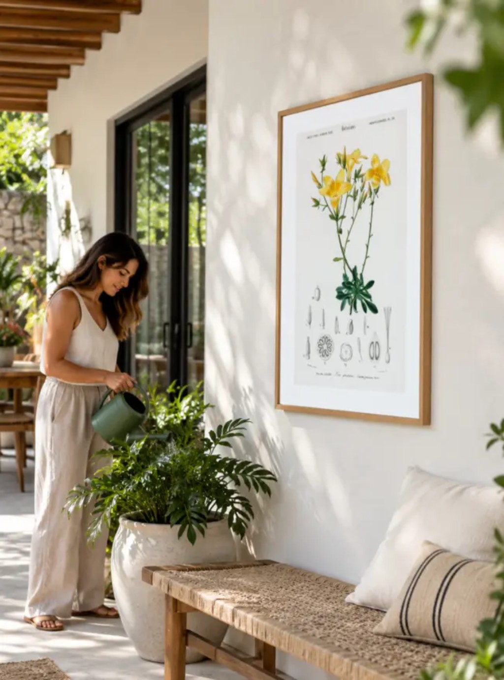 Quadro bot&acirc;nico Yellow Flax de Charles Dessalines em varanda coberta