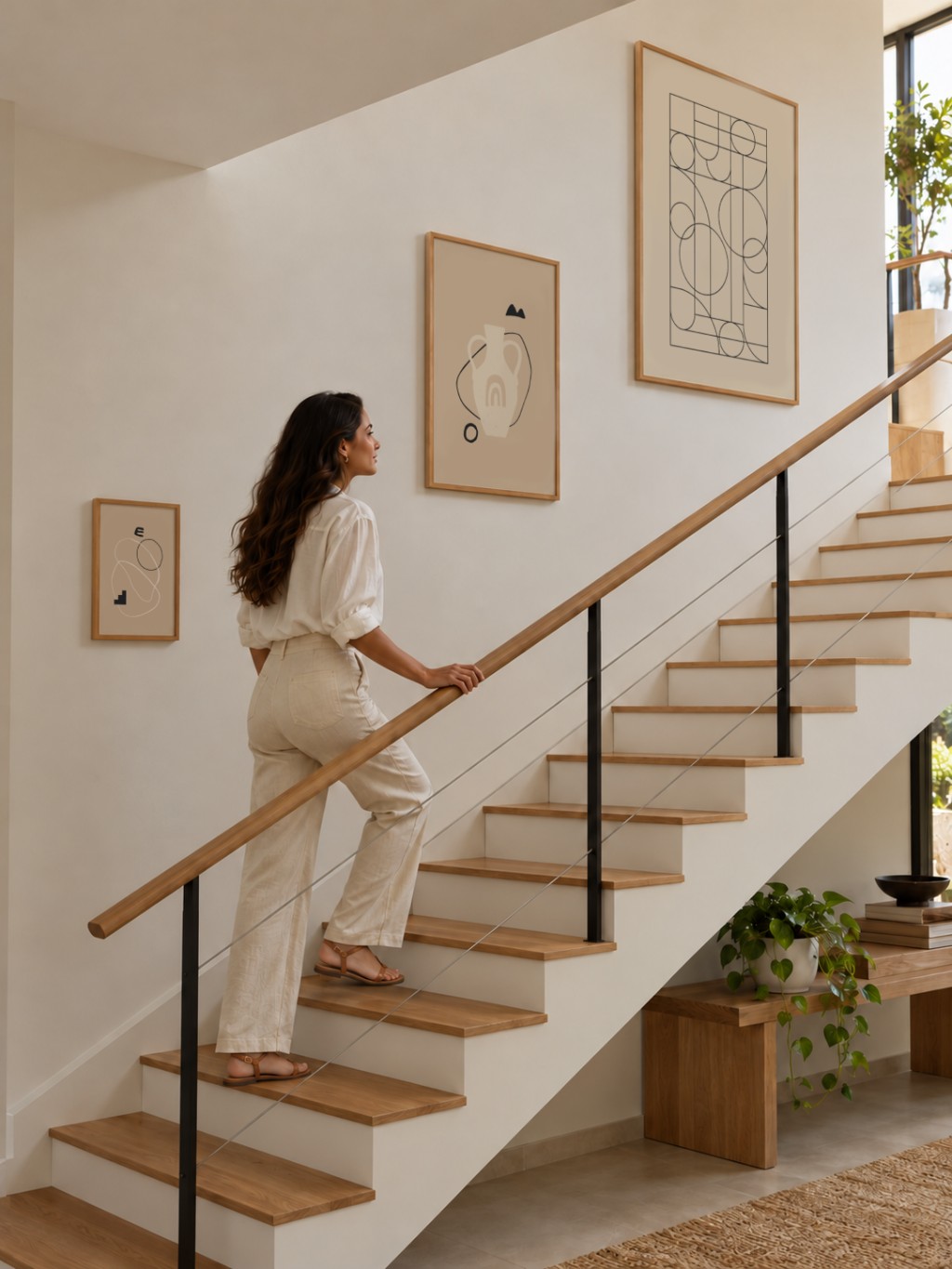 Kit Minimal Bege com três quadros decorativos de tamanhos diferentes