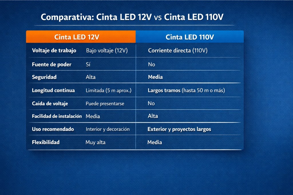 La elección entre cinta LED 12V o 110V depende del tipo de instalación y uso final. La cinta LED 12V es ideal para interiores y decoración por su seguridad y control, mientras que la cinta LED 110V es la mejor opción para proyectos largos y exteriores. En Tecnolight contamos con diferentes opciones de cintas LED y accesorios para que tu instalación sea segura, eficiente y duradera.
