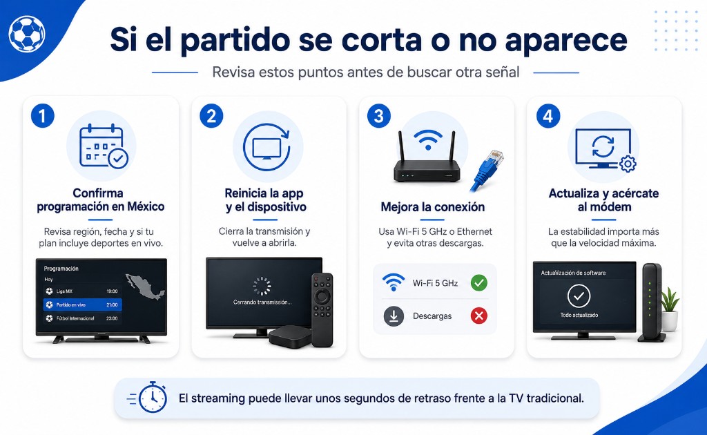 Qu&eacute; hacer si el partido se corta, no aparece o se ve mal