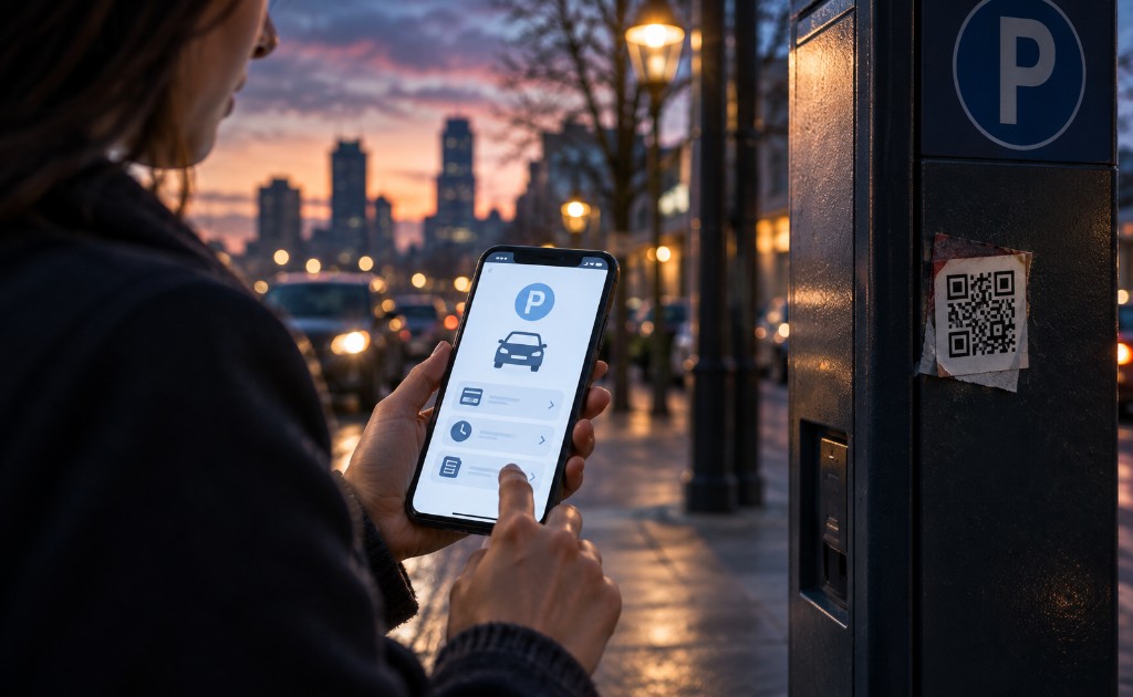 Persona verifica un estacionamiento antes de escanear un código QR falso.