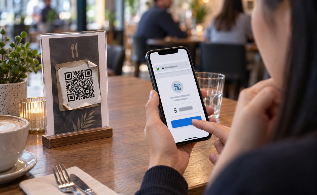 Persona revisa el destino y pago antes de usar un código QR sospechoso en un restaurante.