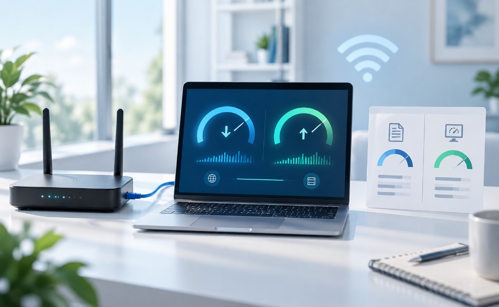 Laptop conectada por Ethernet mostrando una prueba de velocidad junto a un router WiFi