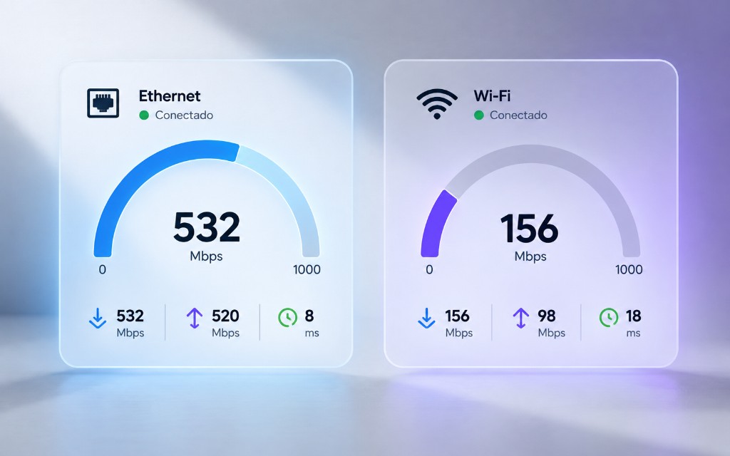 Comparación de velocidad de internet por Ethernet y WiFi con descarga, subida y latencia