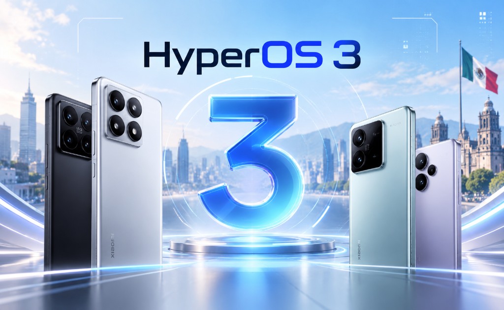 Celulares Xiaomi con HyperOS 3 y elementos tecnológicos sobre un fondo inspirado en México