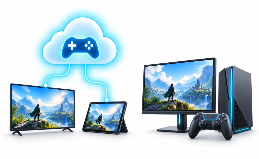 Cloud gaming en TV y tablet frente a una PC gamer con monitor y control.