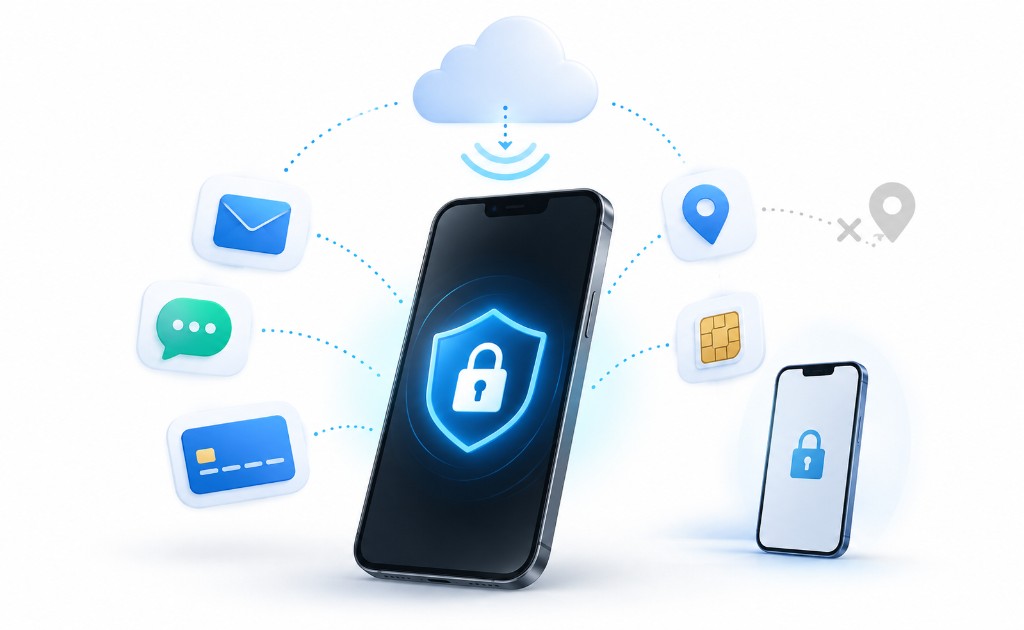 Borrado remoto de celular robado con protección de cuentas, SIM y ubicación.