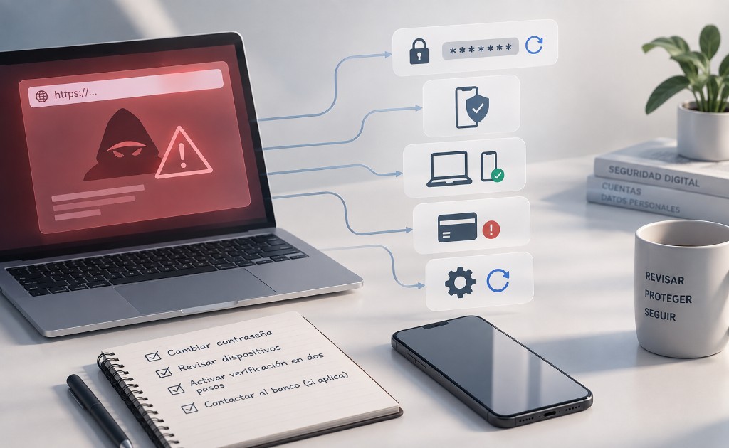 Laptop con alerta de phishing junto a acciones para cambiar contrase&ntilde;as, revisar dispositivos y proteger cuentas.