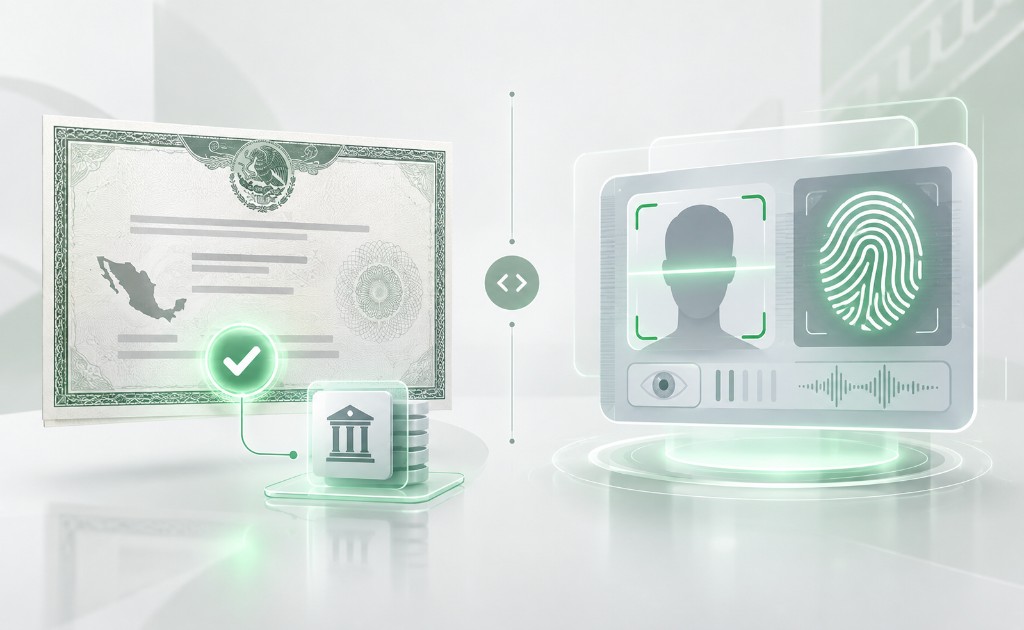 Ilustración que compara una CURP certificada con una identificación biométrica digital.
