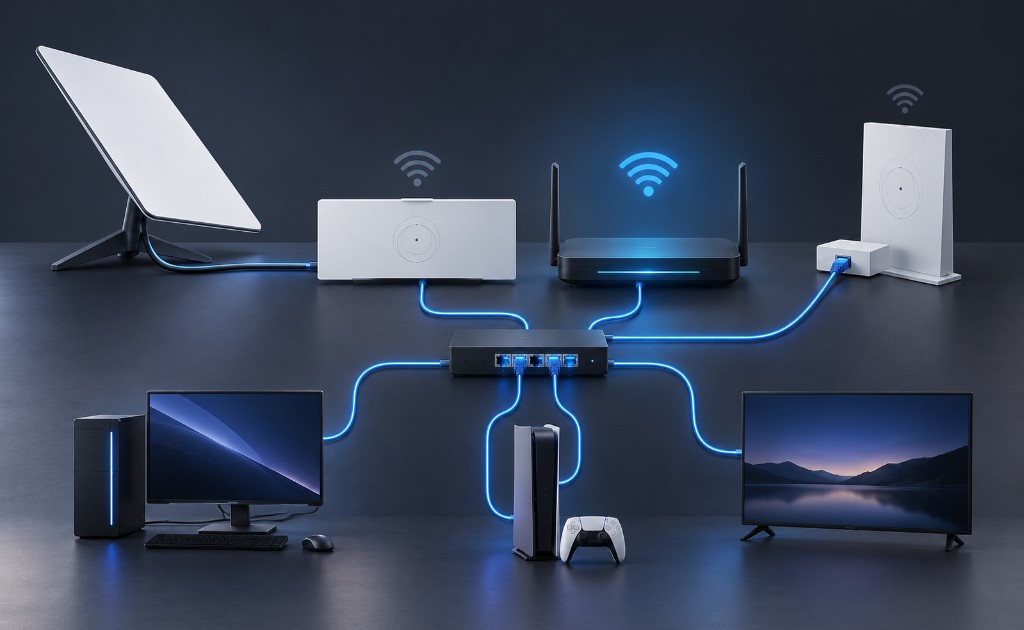 Router Starlink conectado por Ethernet a un switch, router propio, computadora, consola y Smart TV.