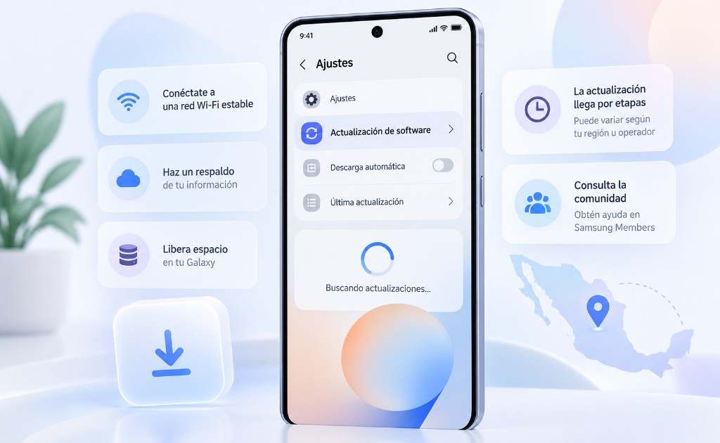 Samsung Galaxy buscando One UI 9 con opciones de actualización, respaldo y WiFi en México.