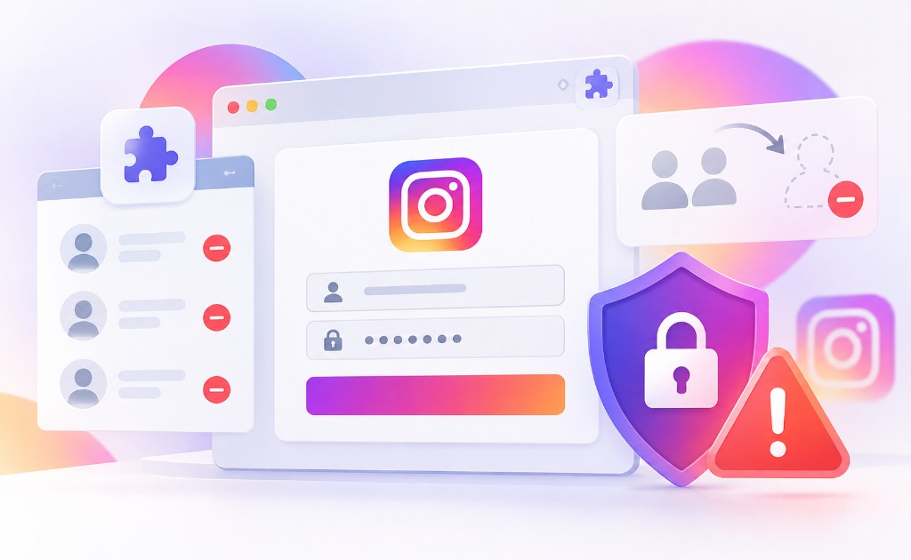 Apps y extensiones sospechosas de Instagram solicitando credenciales junto a alertas de seguridad.