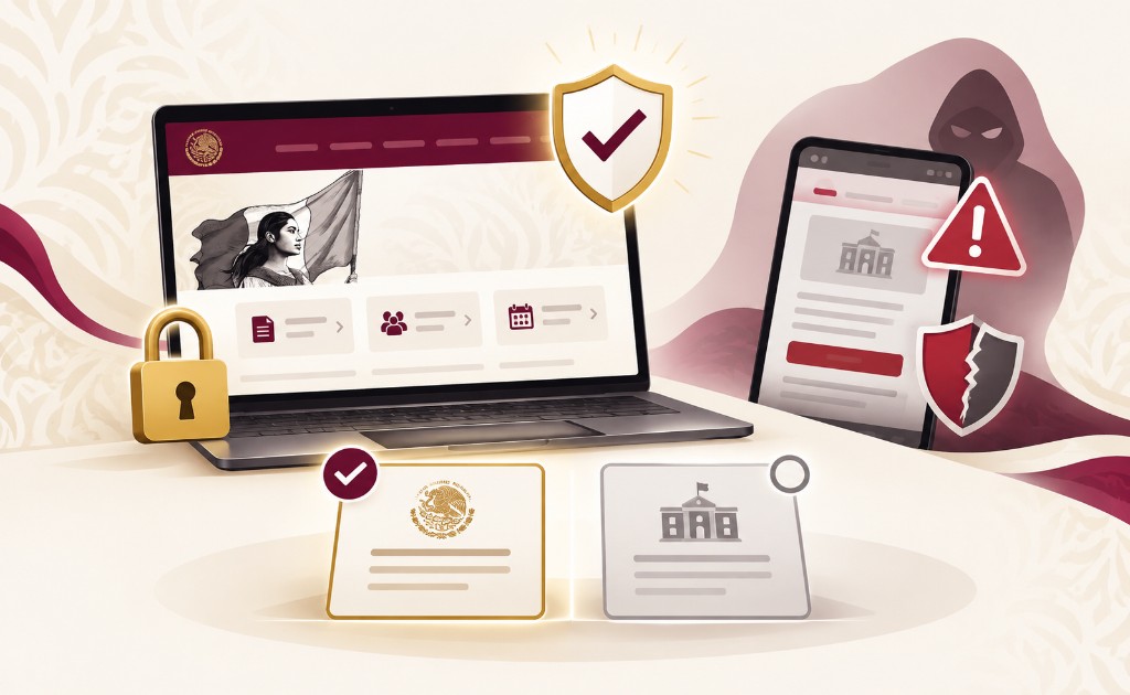 Comparaci&oacute;n entre portal oficial seguro y p&aacute;gina falsa durante un tr&aacute;mite gubernamental en l&iacute;nea.