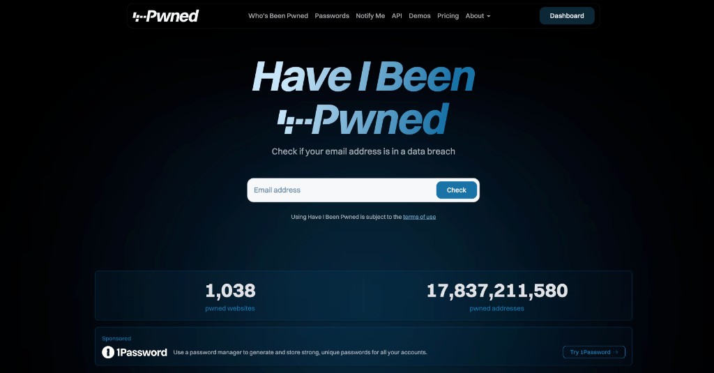 Página de Have I Been Pwned para comprobar si un correo apareció en filtraciones