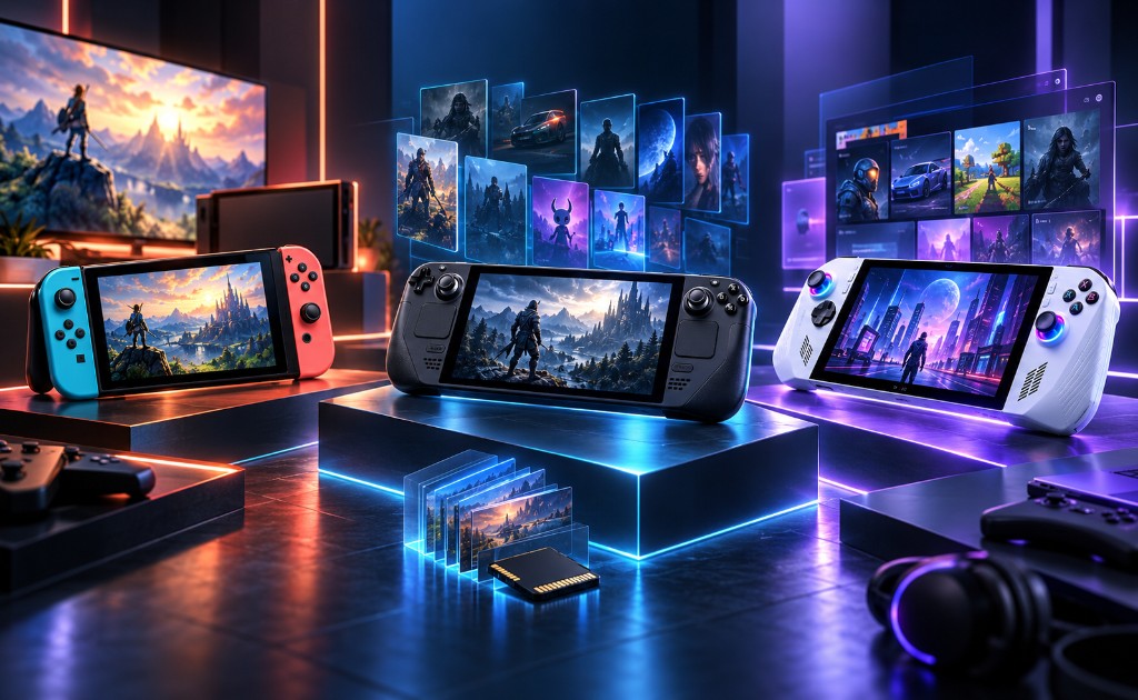 Tres consolas portátiles en un entorno futurista con bibliotecas de juegos y accesorios de gaming.