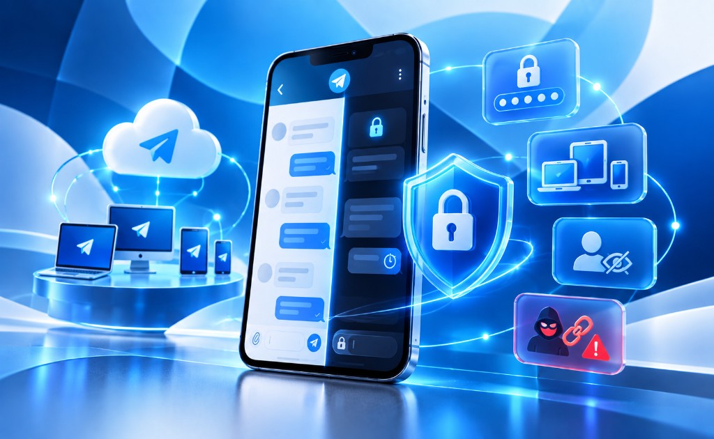 Telegram con chats normales y secretos, dispositivos conectados y controles de seguridad para proteger la cuenta.