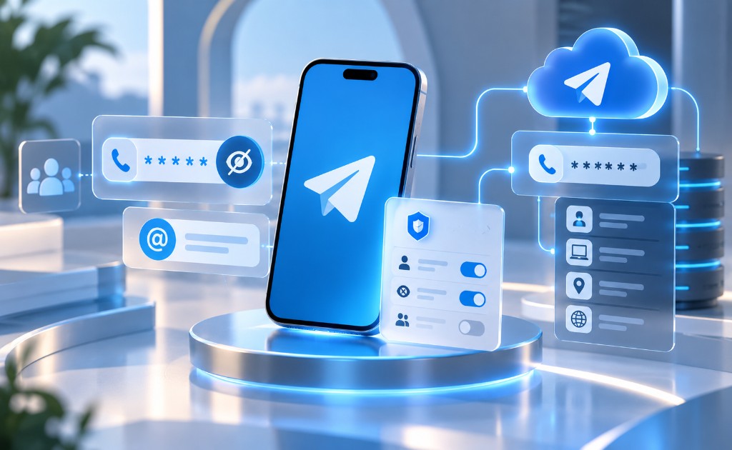 Teléfono con Telegram y paneles de privacidad que muestran número oculto, ajustes de visibilidad y datos vinculados a la cuenta.