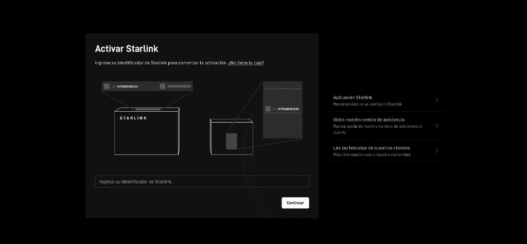 Pantalla de activación de Starlink mostrando dónde ingresar el identificador del kit.