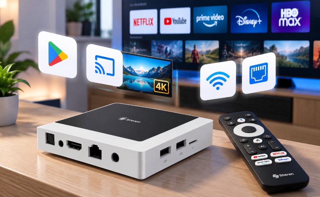 TV Box Steren INTV-1000 con control remoto, Google Play, Chromecast, 4K, Wi-Fi y Ethernet frente a una Smart TV.