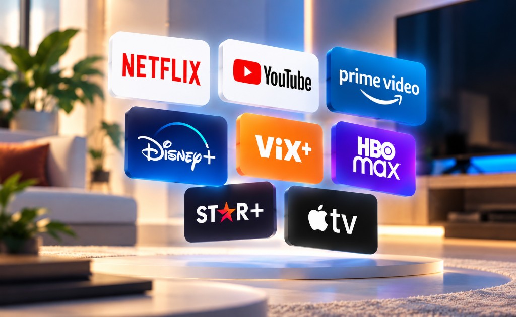 Logos de Netflix, YouTube, Prime Video, Disney+, ViX, HBO Max, Star+ y Apple TV, aplicaciones compatibles con TV Box Steren.