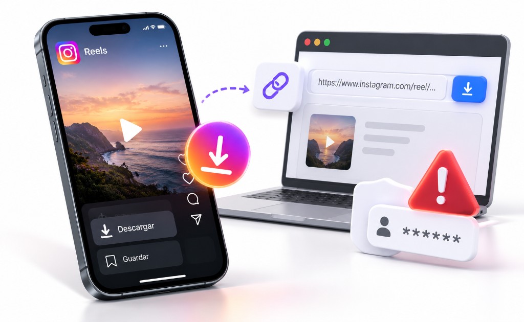 Descarga de Reels de Instagram desde la app frente a una página externa que solicita credenciales y muestra una alerta de seguridad.