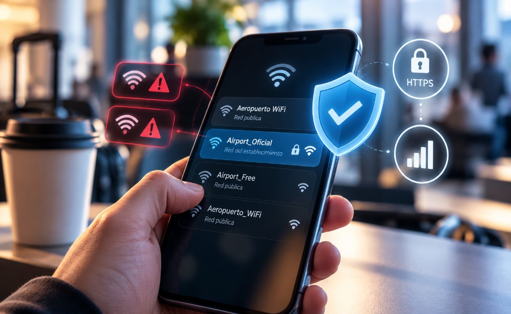 Persona revisando redes WiFi p&uacute;blicas en su celular antes de conectarse, con alertas de seguridad y una red oficial verificada.