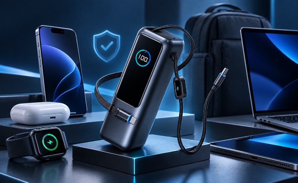 Power bank Anker con pantalla de carga, cables USB-C y dispositivos tecnológicos sobre una mesa.