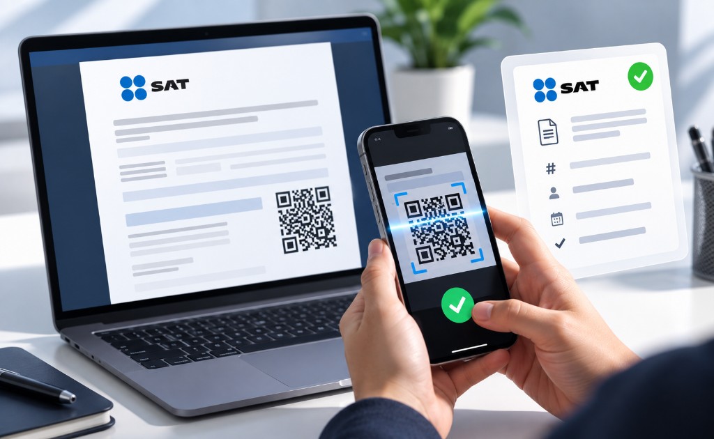 Persona escaneando con un celular el código QR de una Opinión de cumplimiento del SAT para verificar la autenticidad del documento.
