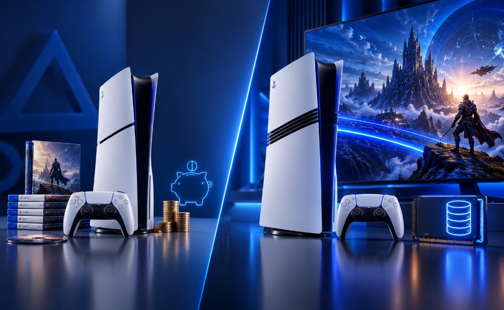 PS5 Slim y PS5 Pro comparadas con juegos físicos, ahorro, TV 4K y almacenamiento adicional.