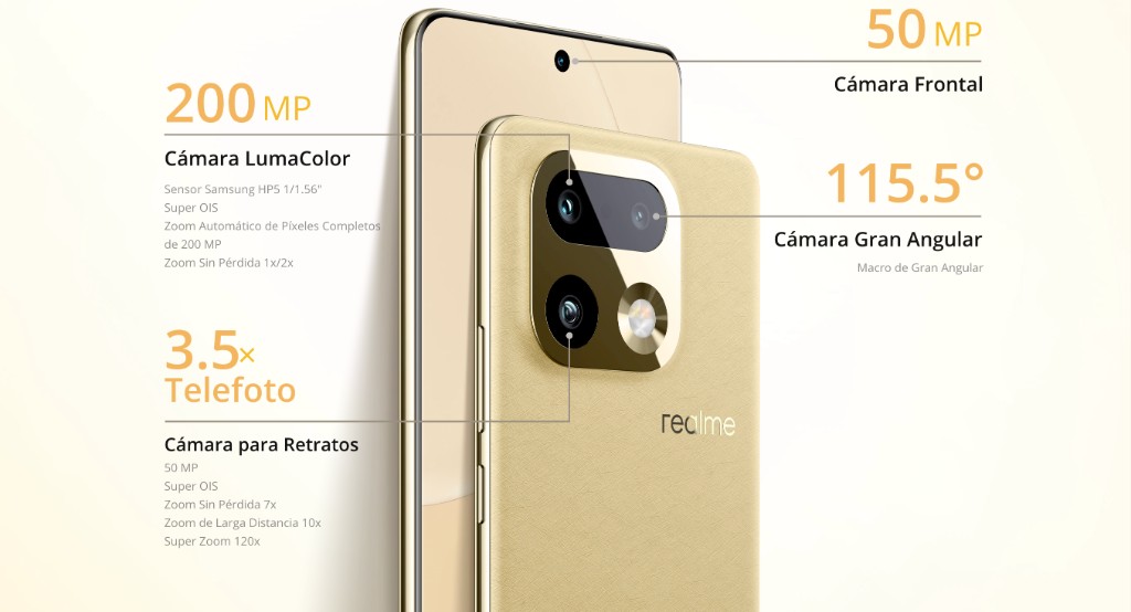 Cámaras del realme 16 Pro Plus con sensor principal de 200 MP, telefoto 3.5x de 50 MP, gran angular y cámara frontal de 50 MP.
