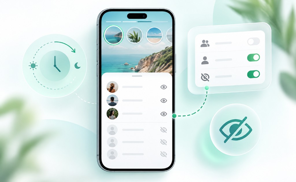 Ilustración de privacidad en estados de WhatsApp con lista de visualizaciones, usuarios ocultos y controles de confirmación de lectura.