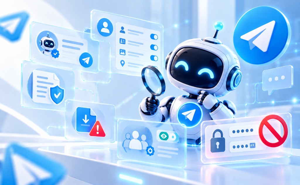 Robot futurista revisando permisos, privacidad, archivos y señales de seguridad antes de usar un bot de Telegram.