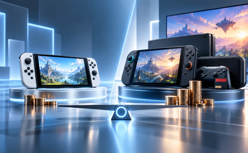 Comparativa de precio entre Nintendo Switch 2 y Switch OLED con accesorios y monedas.