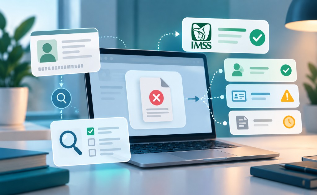 Laptop con portal digital del IMSS que muestra un documento no generado y opciones para revisar vigencia, CURP y estatus.