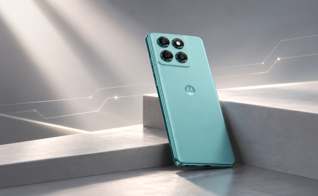Motorola Edge 60 Fusion en color turquesa sobre una plataforma minimalista con iluminaci&oacute;n suave y detalles tecnol&oacute;gicos sutiles.