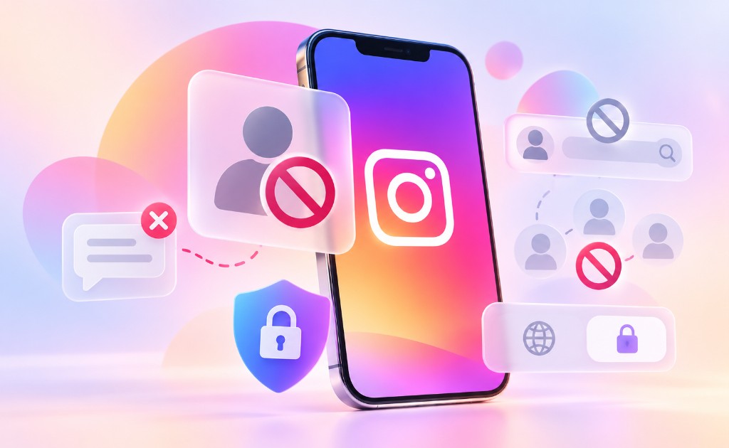 Ilustraci&oacute;n minimalista de un celular con el logo de Instagram, &iacute;conos de bloqueo, privacidad y cuentas restringidas, que representa cu&aacute;ndo conviene bloquear una cuenta en lugar de solo restringirla.