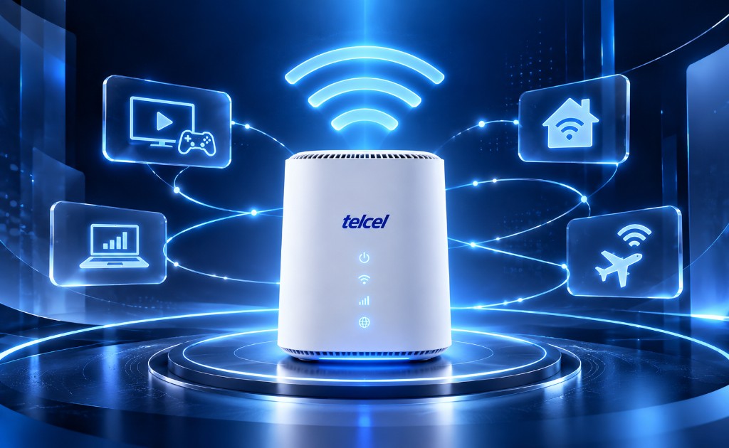  Router Telcel con se&ntilde;al WiFi e &iacute;conos de uso sobre fondo azul abstracto.