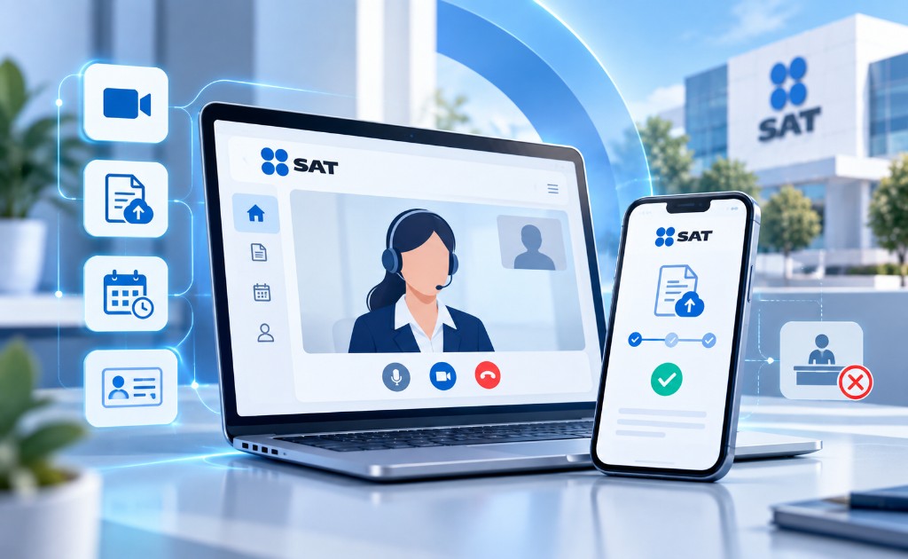 Laptop y celular con videollamada, carga de documentos y confirmación de trámite en la Oficina Virtual del SAT.