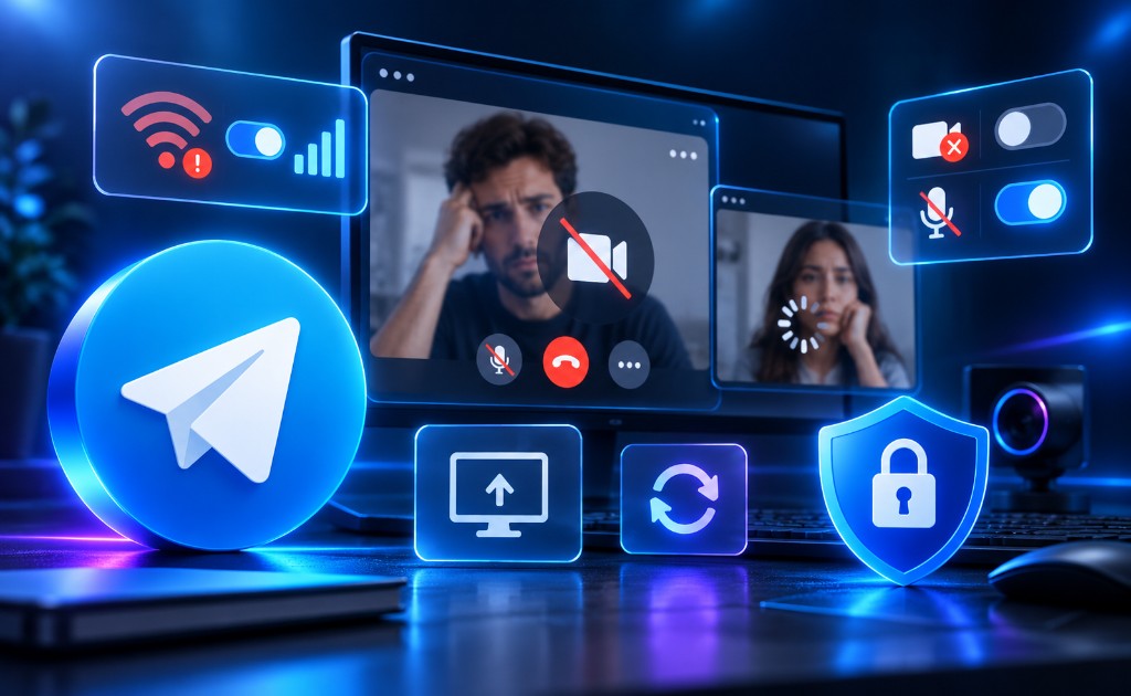 Videollamada de Telegram con problemas de conexión y permisos.