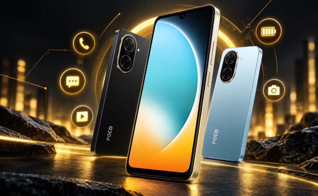 Tres teléfonos POCO C71 en una composición futurista con íconos de batería, cámara, llamadas y mensajes sobre un fondo oscuro con luces doradas.