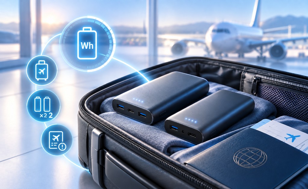 Dos power banks dentro de una maleta de mano en un aeropuerto, con referencias visuales a Wh y normas para viajar en avi&oacute;n.
