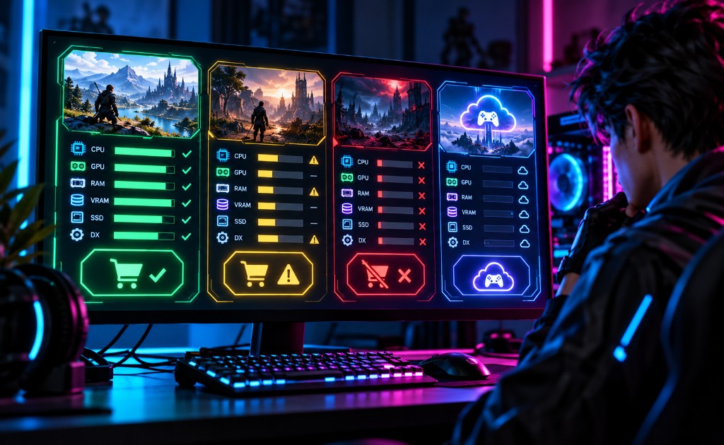 Monitor gaming con panel visual que compara si conviene comprar un juego, jugarlo con requisitos mínimos o usar cloud gaming.