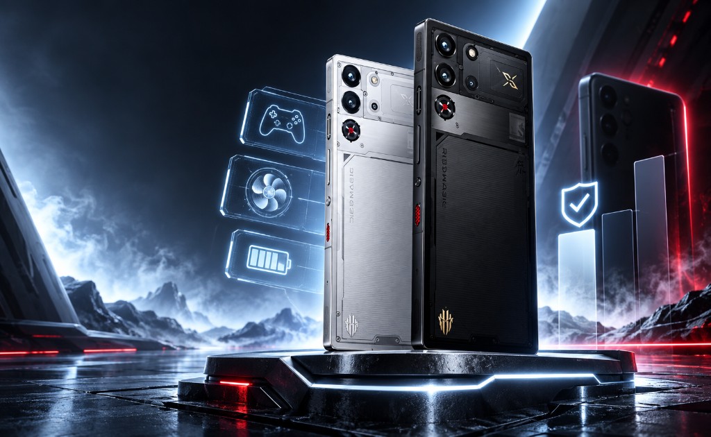 Dos teléfonos REDMAGIC con iconos de gaming, batería y refrigeración en un escenario futurista.