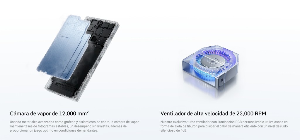 Sistema de refrigeración del REDMAGIC 10S Pro con cámara de vapor de 12,000 mm² y ventilador de 23,000 RPM.