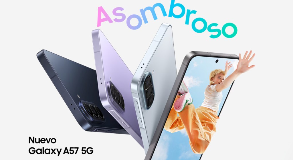 Samsung Galaxy A57 5G en varios colores, mostrando su diseño frontal, trasero y módulo de cámaras.