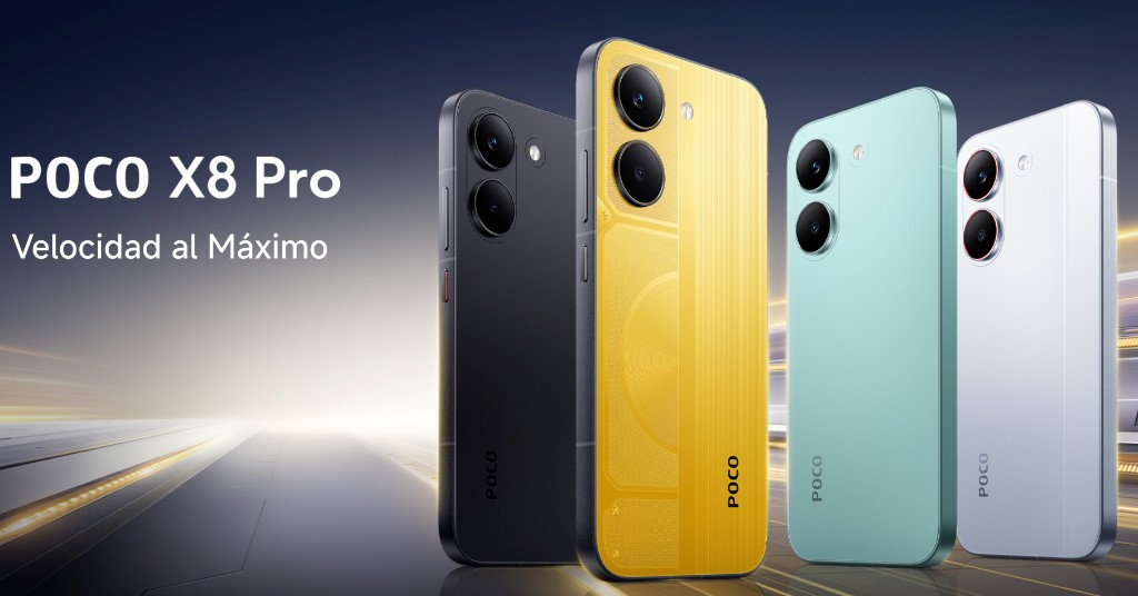 POCO X8 Pro en varios colores, mostrando su diseño trasero, doble cámara y acabados disponibles.