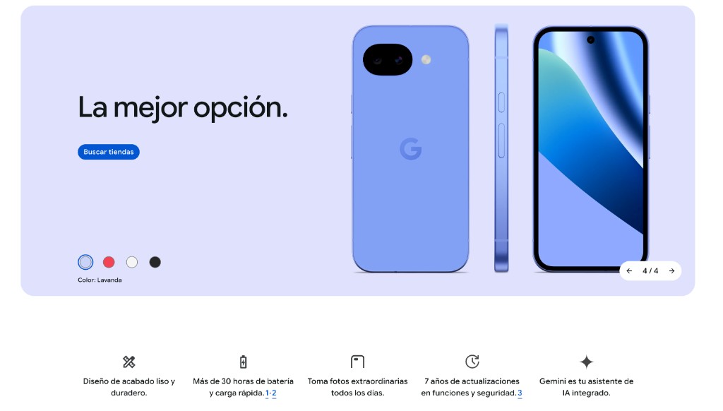 Google Pixel 10a en color lavanda, mostrando vistas frontal, lateral y trasera del teléfono.