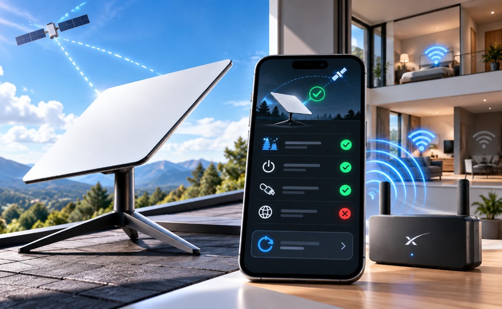 Antena Starlink, router y app revisando conexi&oacute;n, cables y cobertura WiFi despu&eacute;s de la instalaci&oacute;n.