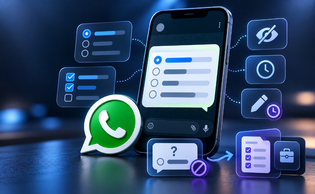 Ilustración de un celular con una encuesta de WhatsApp en pantalla, rodeado de iconos que representan voto único o múltiple, privacidad, hora de cierre, edición y uso de formularios externos.